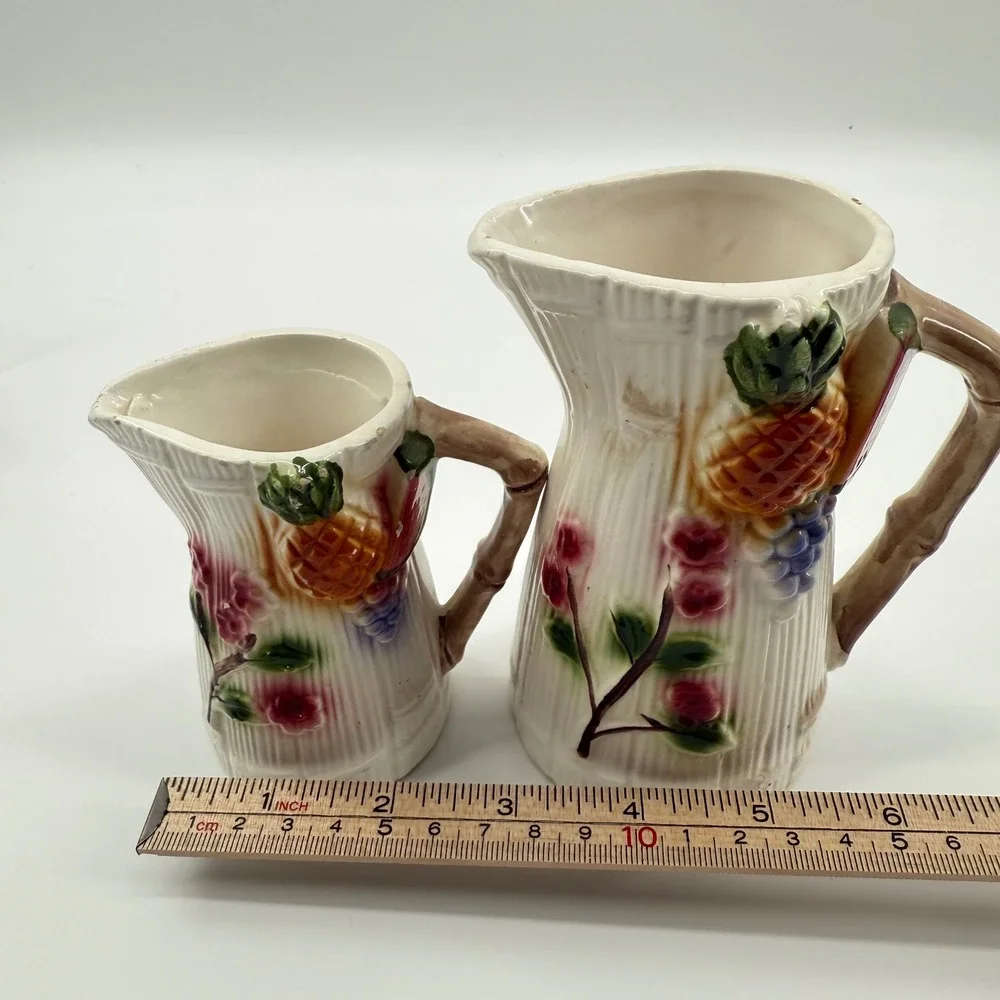 Vintage Ceramic Pitcher Creamer Japan Bamboo Fruit Floral Tropical‎ Retro Decor